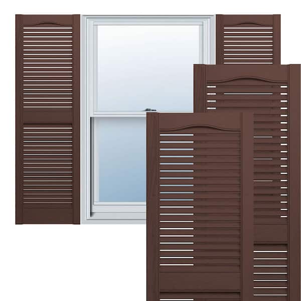 Ekena Millwork 14-1/2 in. x 63 in. Lifetime Vinyl Custom Cathedral Top Center Mullion Open Louvered Shutters Pair Federal Brown