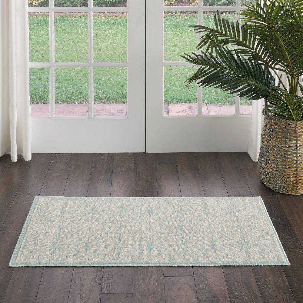 Ivory & Green Floral Synthetic 2' x 4' Easy-Care Rug