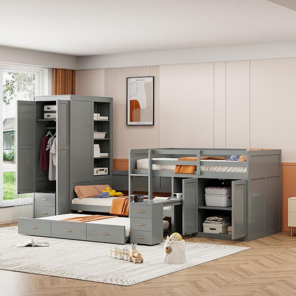 Gray Twin Size Bunk Bed with Trundle, Wardrobe, Desk, Cabinet and Drawers