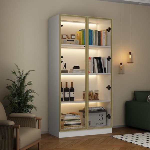 White Wood 31.5 in. W Display Cabinet with Tempered Glass Doors and 3-Color LED Lights