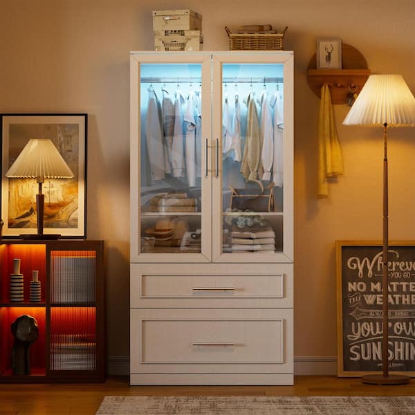 PAKASEPT White 31.5 in. W Armoire Wardrobe Closets with Glass Doors and Drawers, Motion Sensor Closet Lights, Freestanding Closet