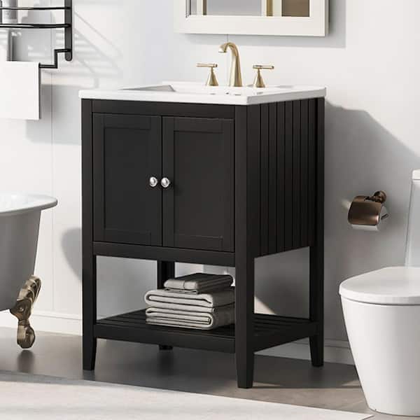 Unbranded 24 in. W x 18 in. D x 34 in. H Single Sink Freestanding Bath Vanity in Black with White Ceramic Top
