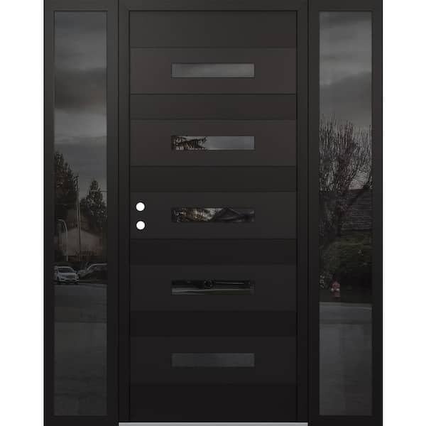 D9 64 in. x 80 in. Black P Right-Hand/Inswing Mirrored Glass Black/Black 2 Sidelite Steel Prehung Front Door