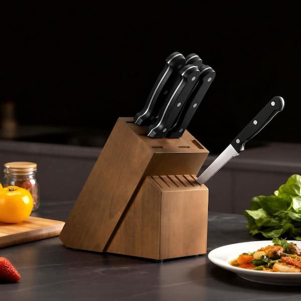 Kitchen Knife Set with Block Sharpener Knife Set w/ABS Ergonomic Handle Sharpening Wooden Block 15 Piece Stainless Steel
