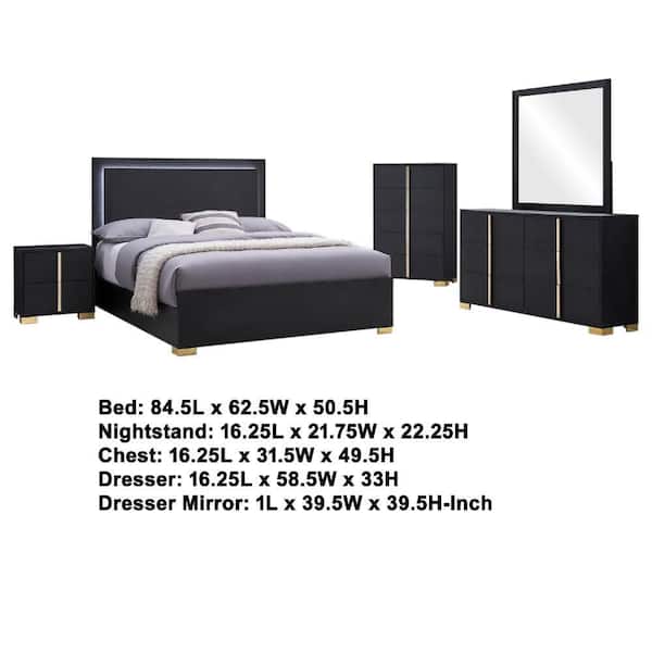Benjara Dex 5-Piece Black Wood Queen Size Bedroom Set with