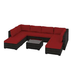 9-Pieces PE Rattan Wicker Outdoor Patio Conversation Set Furniture Set with Coffee Table and Ottomans for Backyard, Red