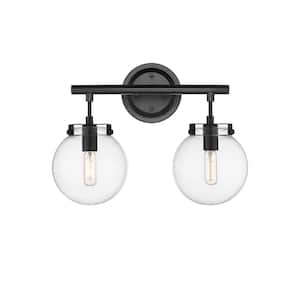 Span 15.38 in. 2-Light Matte Black Vanity Light with Clear Glass Shade