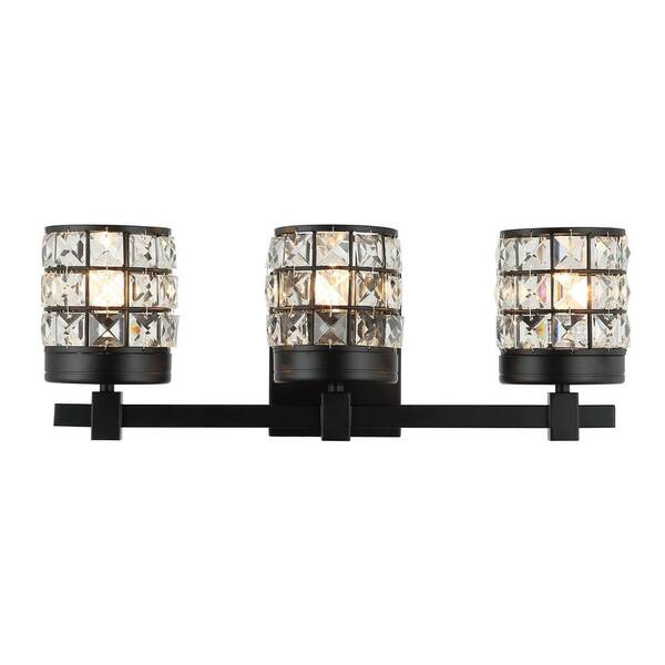 matrix decor 20 in. 3 light Modern Matte Black Wall Sconce with Crystal Shade