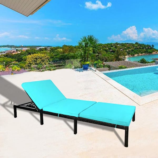 Wateday Black Wicker Patio Outdoor Chaise Lounge with Blue Cushions