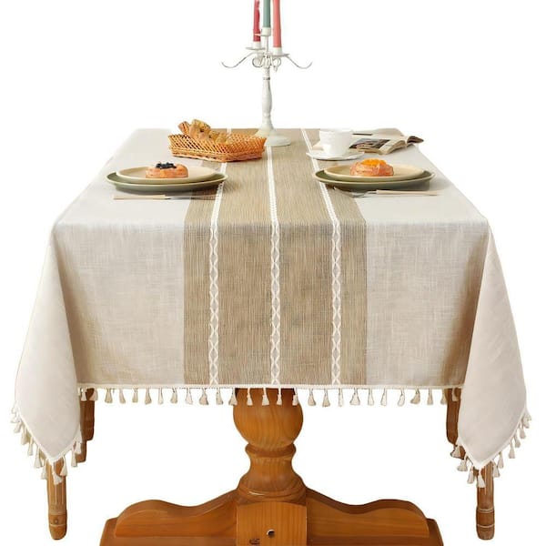 55 in. x 102 in. Coffee Rustic Cotton Linen Table Cloth, Waterproof Washable Tablecloth with Tassel for Rectangle Table