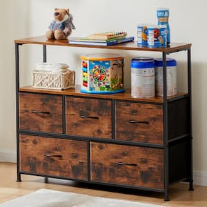 Salvador Rust 39.4 in. W 5-Drawer Dresser with Fabric Bins and Steel Frame TV Stand Chest of Drawers