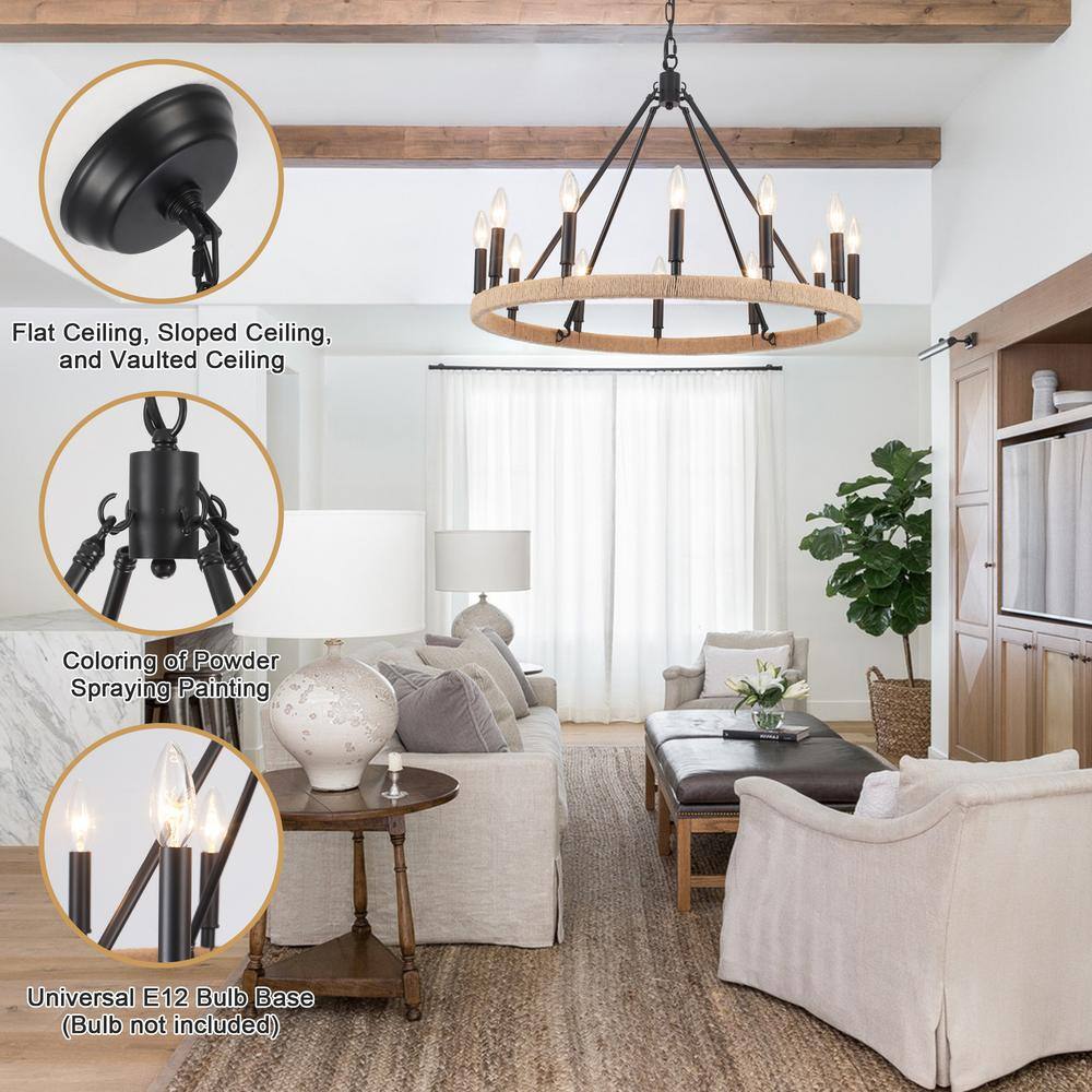 Matte Black 12-Light Candle Wagon Wheel Chandelier