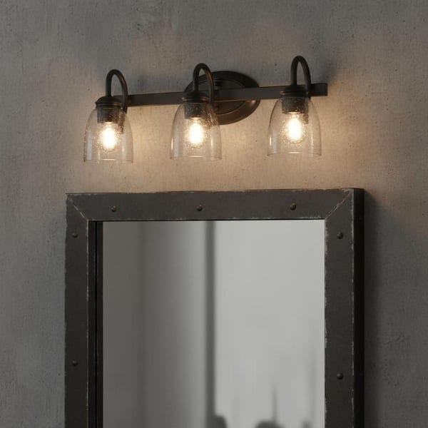 18.89 in. 3-Light Matte Black Modern Bathroom Vanity Light Mirror Wall Light with Black Accents and Seeded Glass Shade