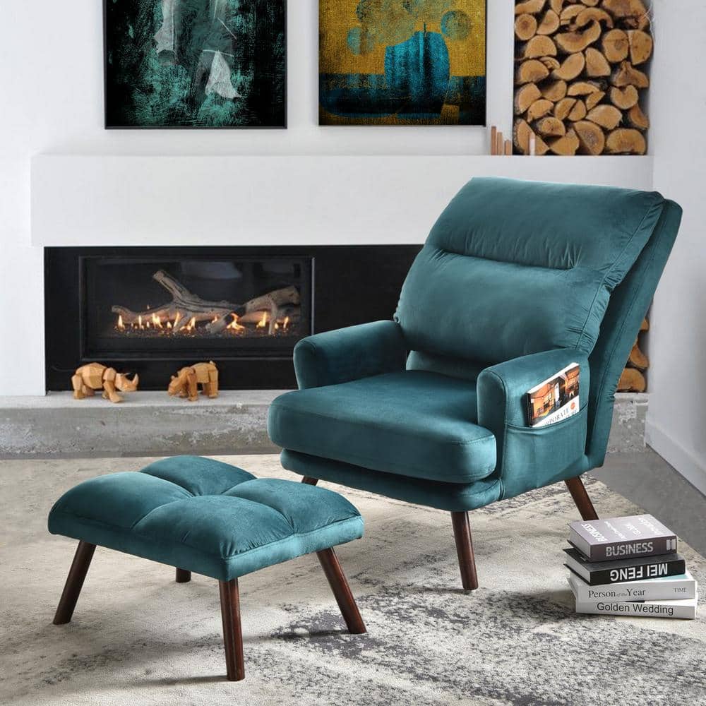 Breathabo 30 in. Green Velvet Recliner Arm Chair with Ottoman