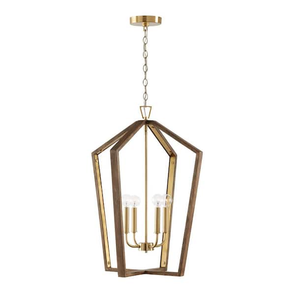 Maren 60-Watt 4-Light Nordic Wood and Matte Brass Pendant Light with Handcrafted Mango Wood and No Bulbs Included