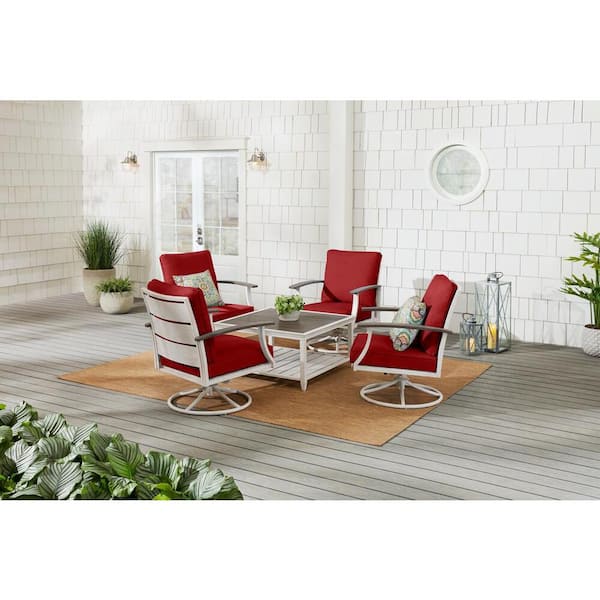 Hampton Bay Marina Point 5-Piece White Steel Motion Outdoor Patio Conversation Seating Set with CushionGuard Chili Cushions