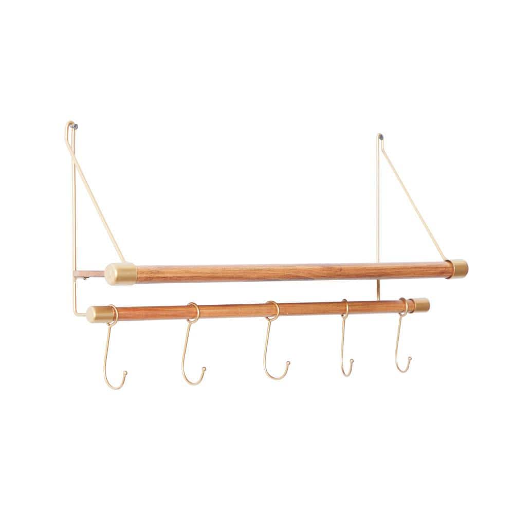 Gold and Wood Nordic Wall Shelf with Hooks