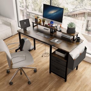 47 in. Rectangular Office Computer Desk with Power Outlet, 2 Monitor Stands and USB Ports in Brown