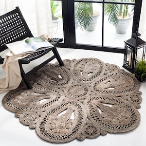 Natural Fiber Gray 4 ft. x 4 ft. Woven Floral Round Area Rug