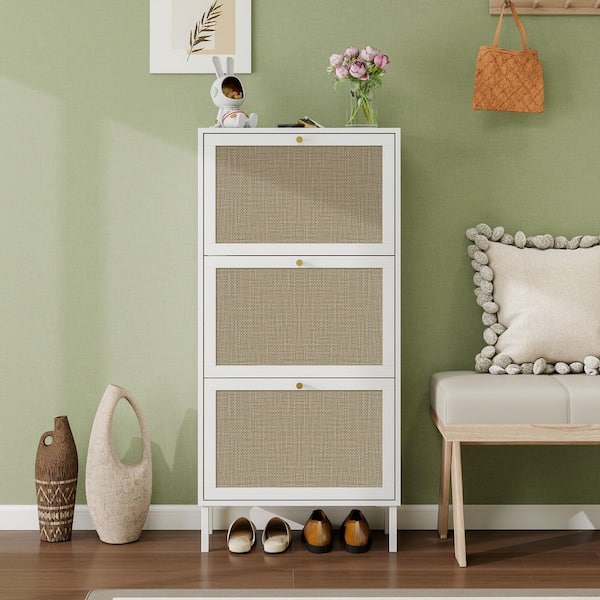 48.98 in. H x 23.62 in. W White Rattan 3-Door Freestanding Shoe Storage Cabinet with Metal Base
