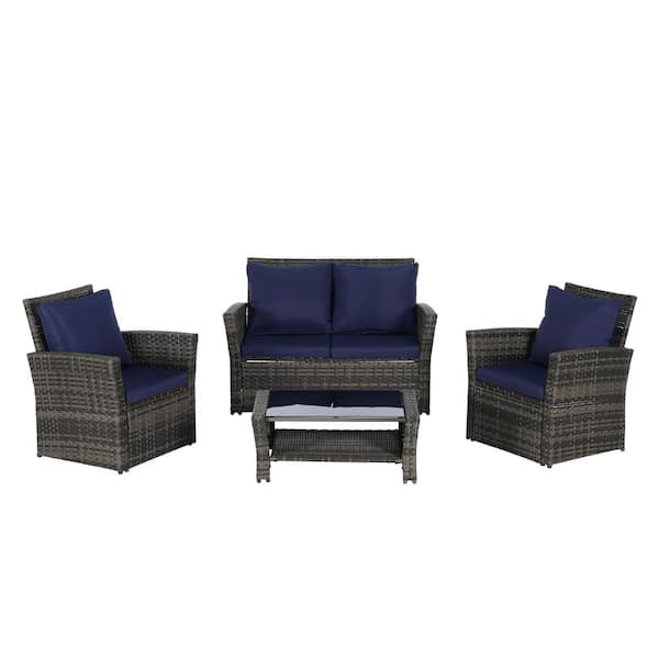Unbranded 4-Piece Wicker Outdoor Sectional, Patio Rattan Conversation Set with Tempered Glass Coffee Table and Dark Blue Cushions