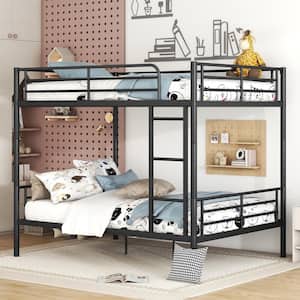 Detachable Black Full over Full Metal Bunk Bed with Built-in Ladder and Full-Length Guardrails for Upper Bed