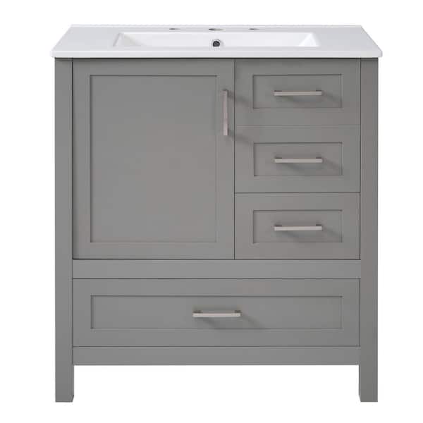 30 in. Single Sink Freestanding Gray Bath Vanity with White Ceramic Top, 3 Drawers and Removable Tray