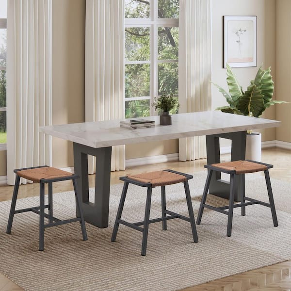 18 in. Rustic Dark Brown Rope Weave Black Metal Farmhouse Dining Stools, Backless Patio/ Garden Stool (2-Set)