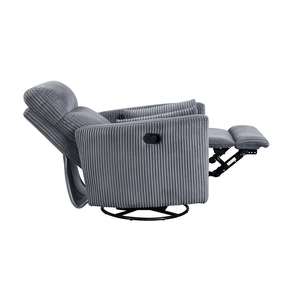 Gray Corduroy Swivel Glider Recliner with Wood Accents
