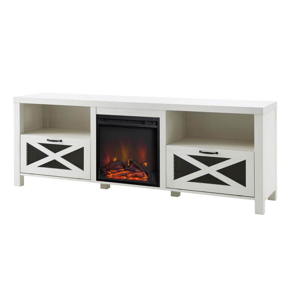 Brushed White 70" TV Stand with Electric Fireplace and Mesh Cabinets