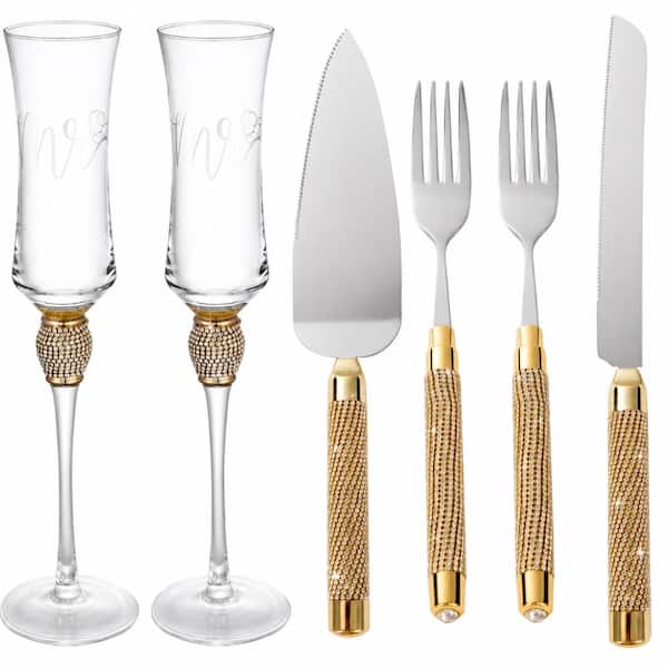 Gold Stainless Steel Wedding Cake Knife and Server Set with Rhinestone Champagne Flutes, Forks and Plates