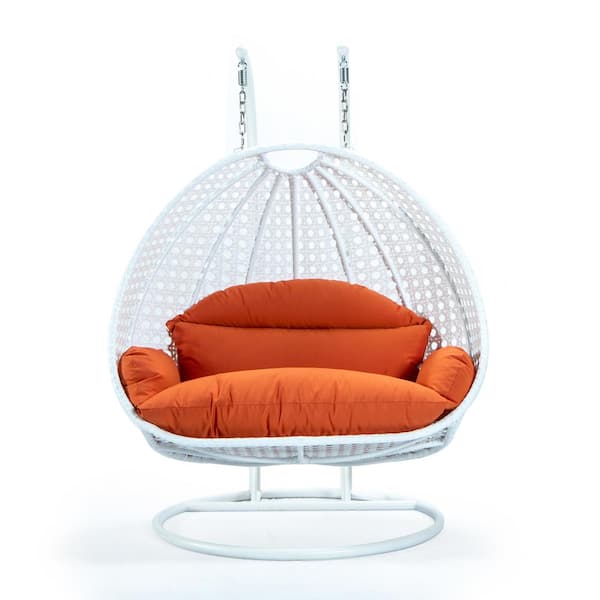 Leisuremod 2-Person Egg Swing Chair White Wicker Outdoor Patio Hanging Chair with Red Cushions