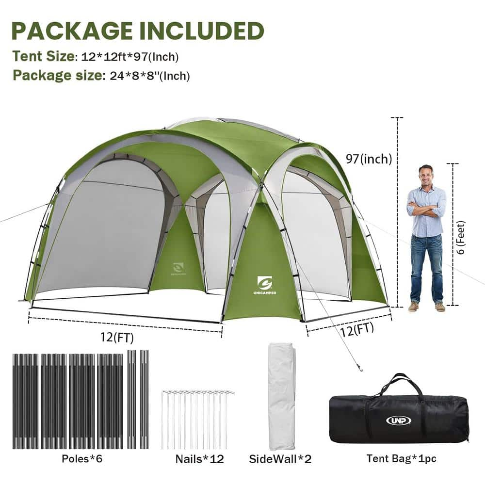 Green Tent with Side Wall, Ground Pegs, and Stability Poles, Sun ...