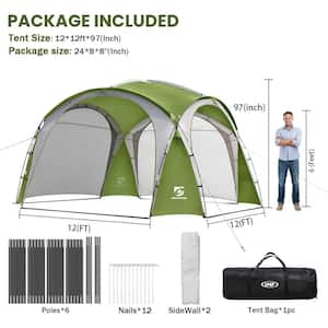 Green Tent with Side Wall, Ground Pegs, and Stability Poles, Sun Shelter Rainproof, Waterproof