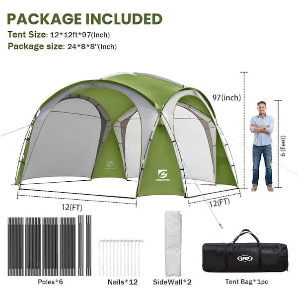 Unbranded Green Tent with Side Wall, Ground Pegs, and Stability Poles, Sun Shelter Rainproof, Waterproof