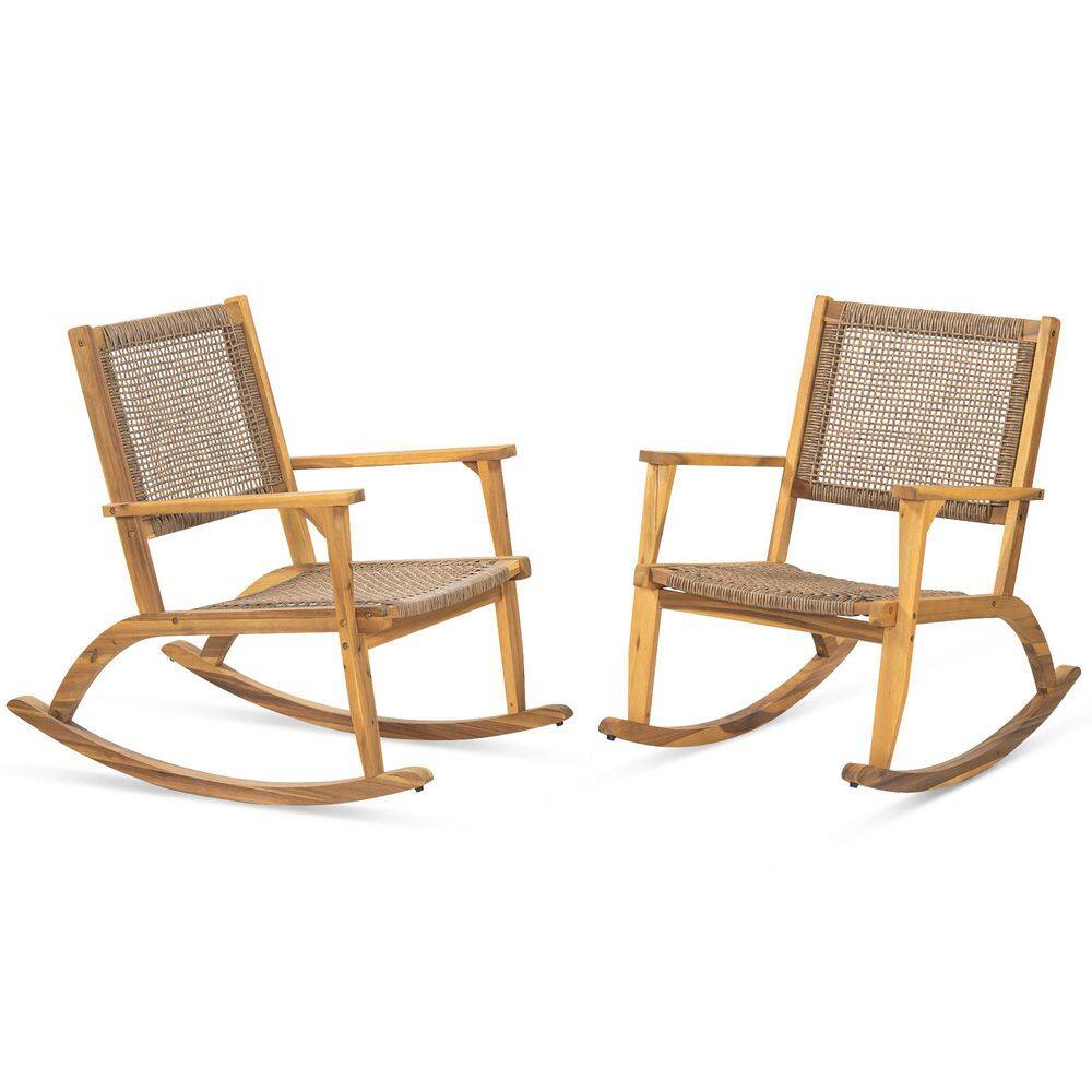Lycvki 2 Pieces Acacia Wood Patio Outdoor Rocking Chair, with Wicker ...