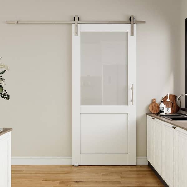 36 in. x 80 in. 1/2 Lite Tempered Frosted Glass White Primed MDF Sliding Barn Door with Hardware Kit Nickel Plat
