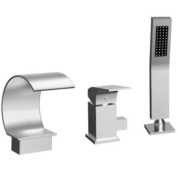 High Arc Tub Wall Mount Bathtub Faucet Single-Handle Roman Tub Faucet with Hand Shower in Brushed Nickel Valve Included