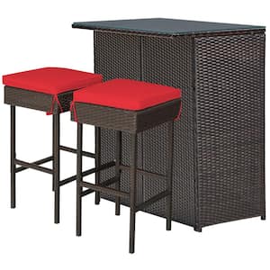 3-Pieces Wicker Outdoor Bar Set Table with 2 Red Cushioned Stools