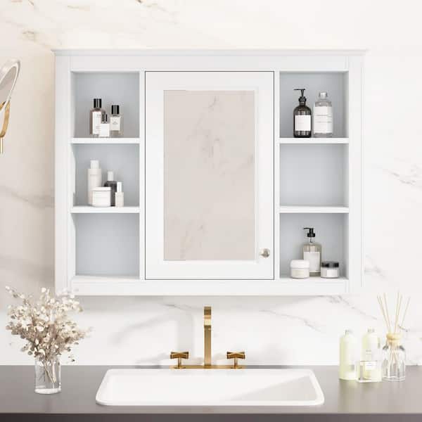 35.03 in. W x 27.5 in. H Rectangular MDF Medicine Cabinet in White with Mirror and 6-Open Shelves