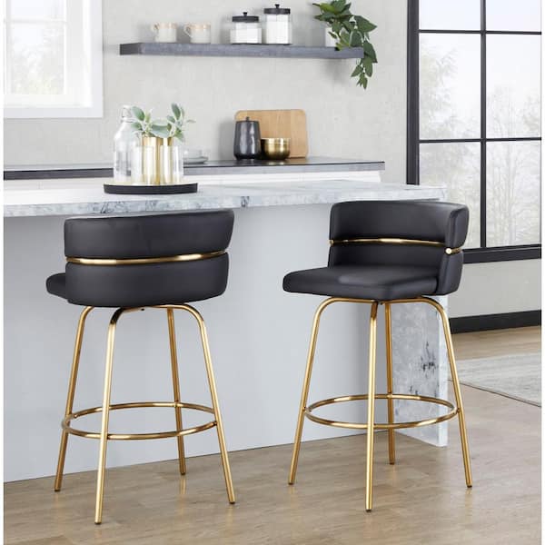 Cinch Claire 25.75 in. Black Faux Leather and Gold Metal Fixed-Height Counter Stool with Round Footrest (Set of 2)