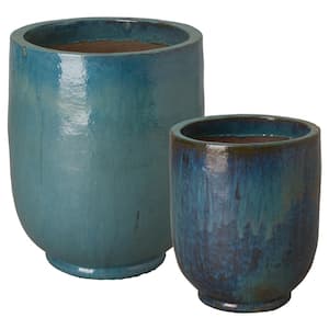 21.5, 29 in. H Ceramic Round Pots S/2, Teal