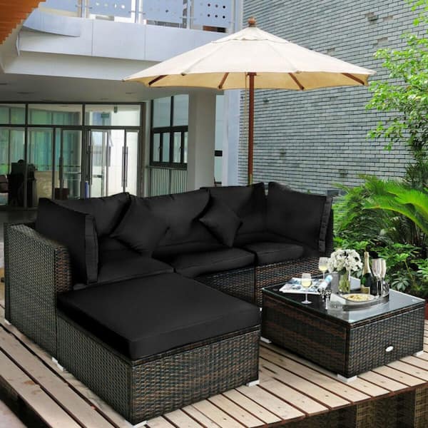 5-Piece Rattan Wicker Patio Conversation Set with Tempered Glass Table Top Outdoor Sectional Sofa Set with Black Cushion