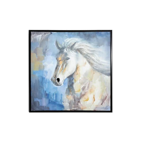 LITTON LANE Blue, Gray, and White Horse Framed Canvas Wall Art 87774