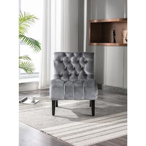 Silver Velvet Accent Chair Tufted Button Living Room Sofa Chair Ergonomic Chair Polyester Upholstery Wood Leg Bedroom