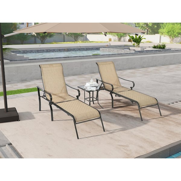 Unbranded 3-Piece Patio Brown Metal Outdoor Chaise Lounge with 5 Adjustable Backrest and Table