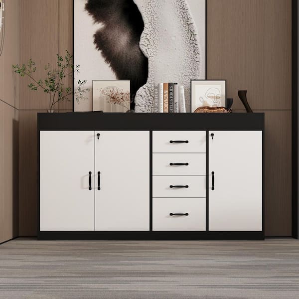 FUFU&GAGA Black & White 35.4 in. H Accent Storage Cabinet, Office Storage Cabinet with 4 Drawers, 4 Shelves & 2 Top Compartments