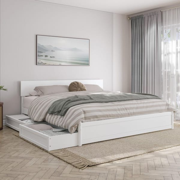 AFI Wesley White Solid Wood Frame King Platform Bed with Panel Footboard and Storage Drawers