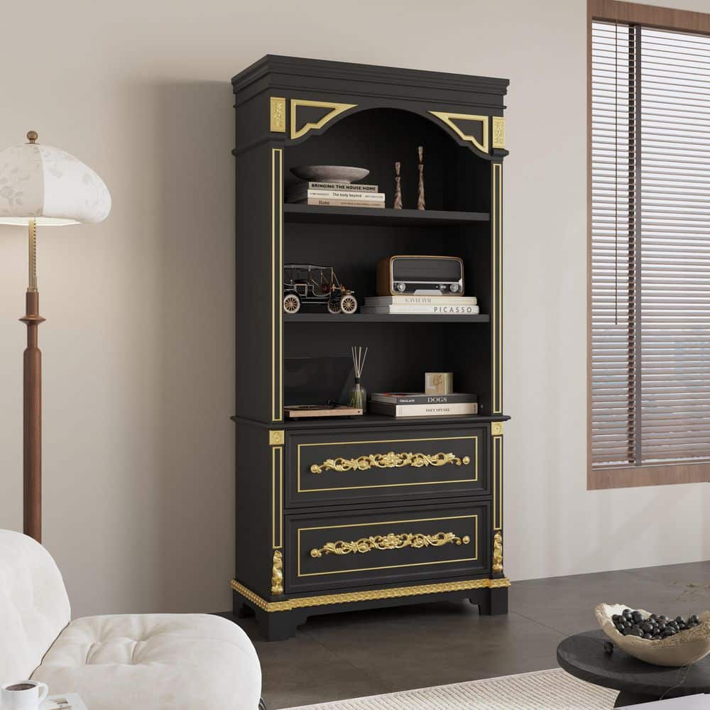 FUFU&GAGA 76.6 in. Tall Black Wood 3-Shelf Accent Bookcase with 2