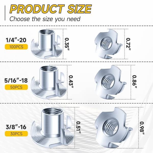 180-Piece 1/4"-20,5/16"-18,3/8"-16 4-Pronged T-Nut Assortment Kit, Zinc-Plated Alloy Steel Threaded Insert Fasteners